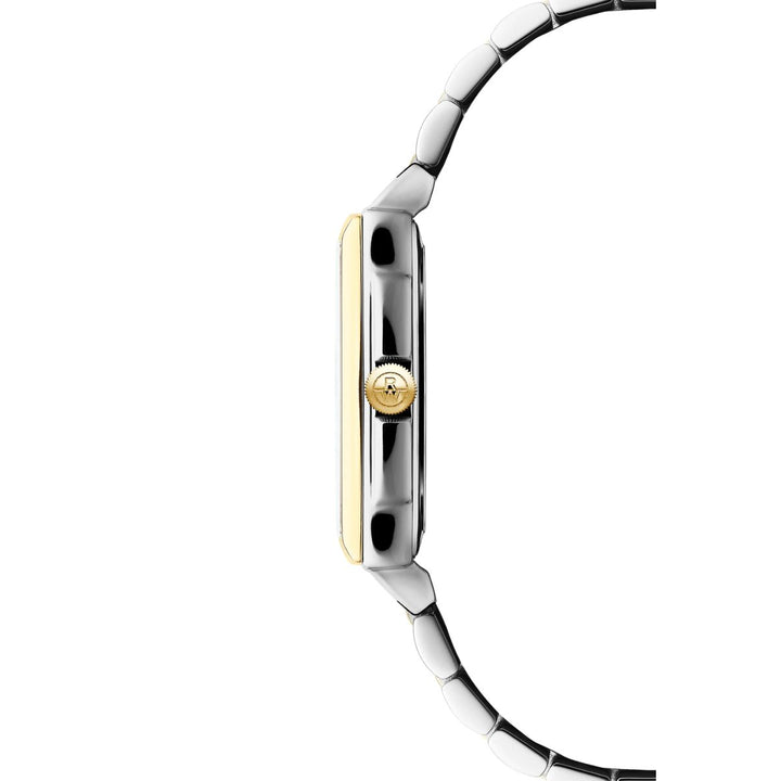 Side view of Raymond Weil Toccata slim two-tone case with RW logo crown