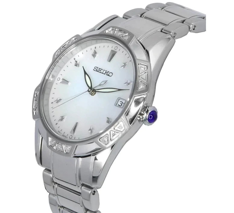 Ladies Seiko Sports watch with diamond-set bezel and a mother of pearl dial