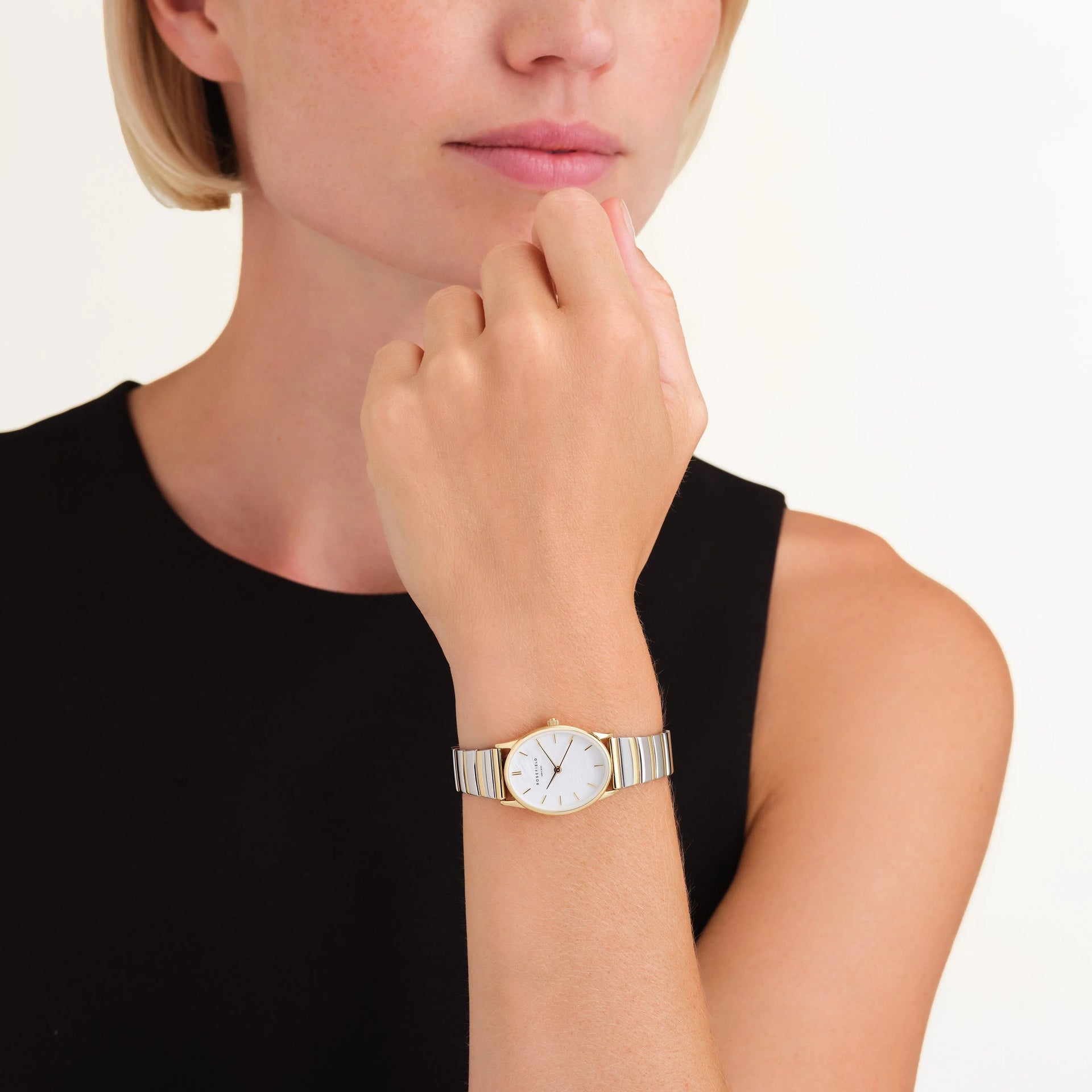 Rosefield oval ladies watch, worn by a model
