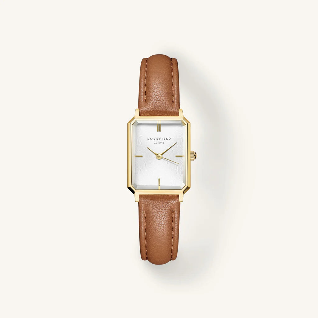 Rosefield The Octagon XS ladies watch with a gold case and brown leather strap