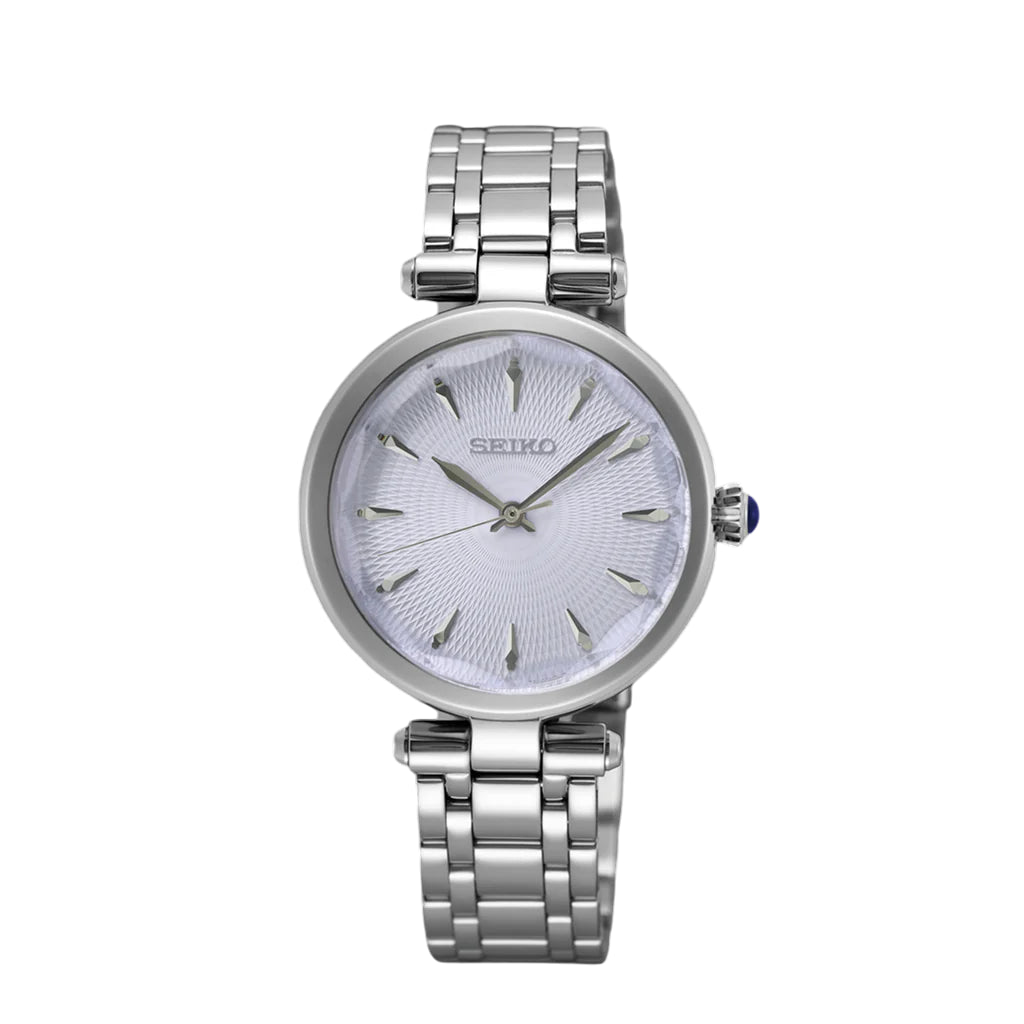 Ladies silver Seiko dress watch with a faceted glass.