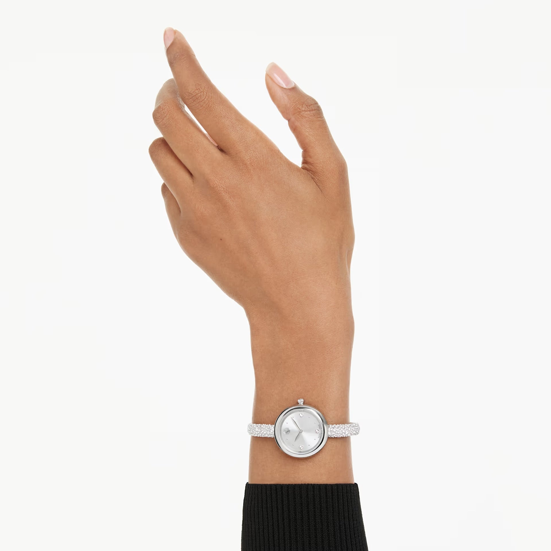 Swarovski Sublima watch worn on wrist, silver tone crystal bangle