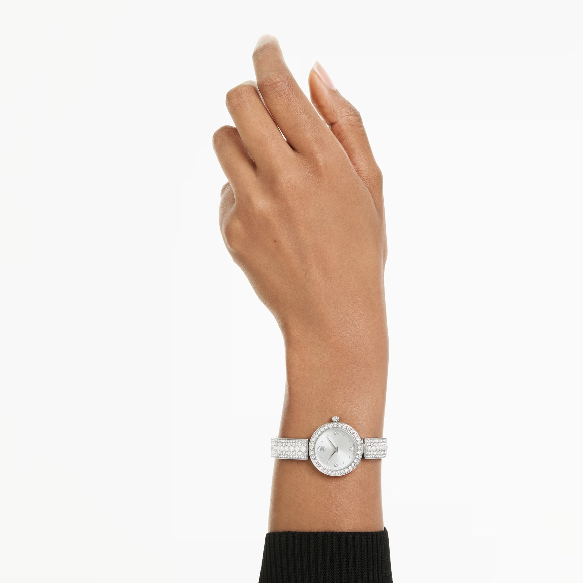 Swarovski Matrix watch worn on wrist, Crystal Pearl bangle