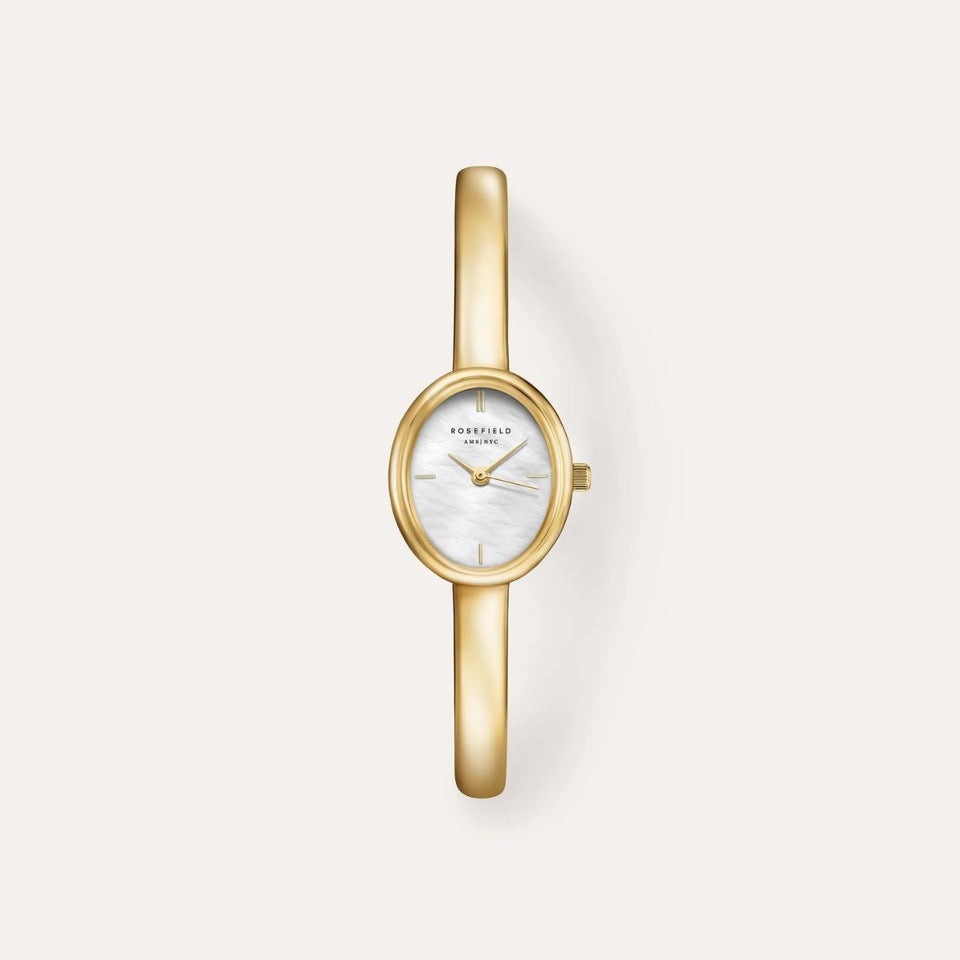 Rosefield Studio Edition Bangle Watch gold-tone oval case with white mother of pearl dial