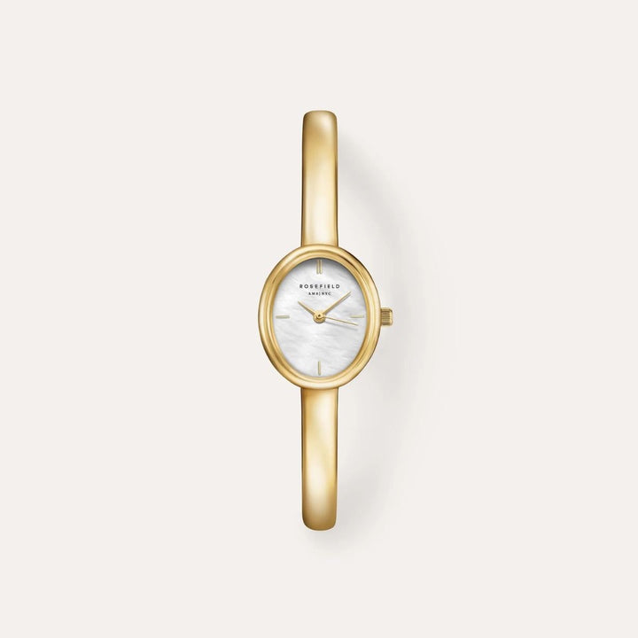 Rosefield Studio Edition Bangle Watch gold-tone oval case with white mother of pearl dial