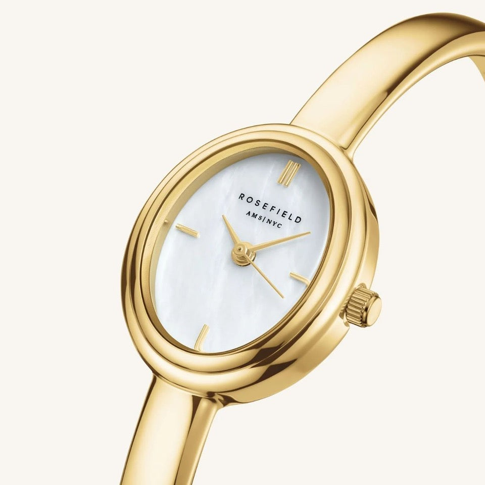Rosefield Studio Edition Bangle Watch dial close up showing oval case and slim gold-tone frame