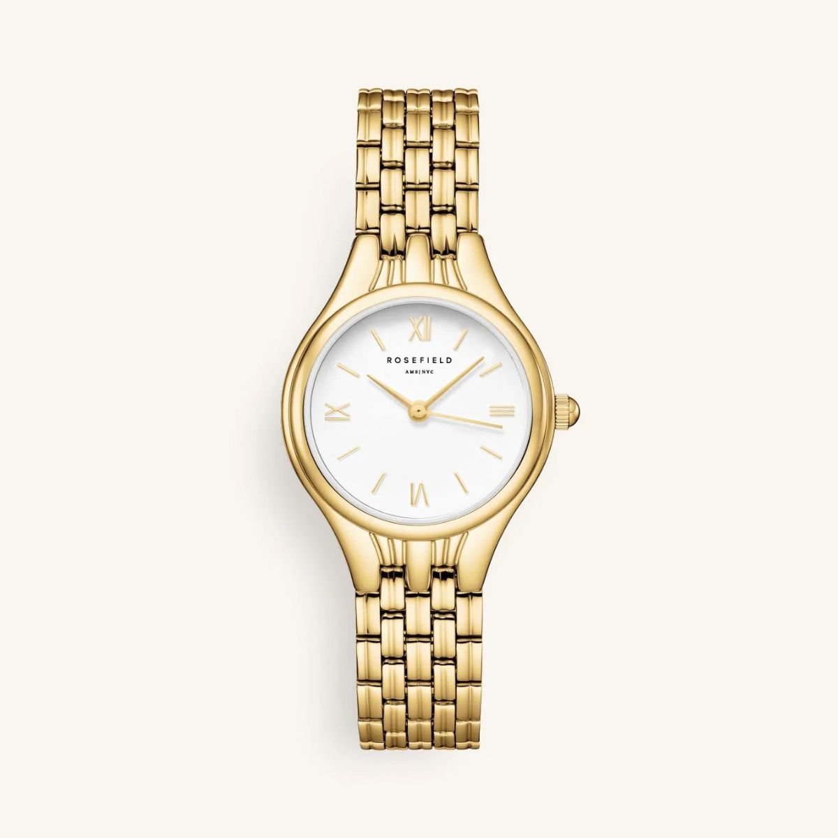 Rosefield Muse Gold MUWGSG-MU01 women's watch with matte white dial, gold Roman numerals and gold-plated bracelet