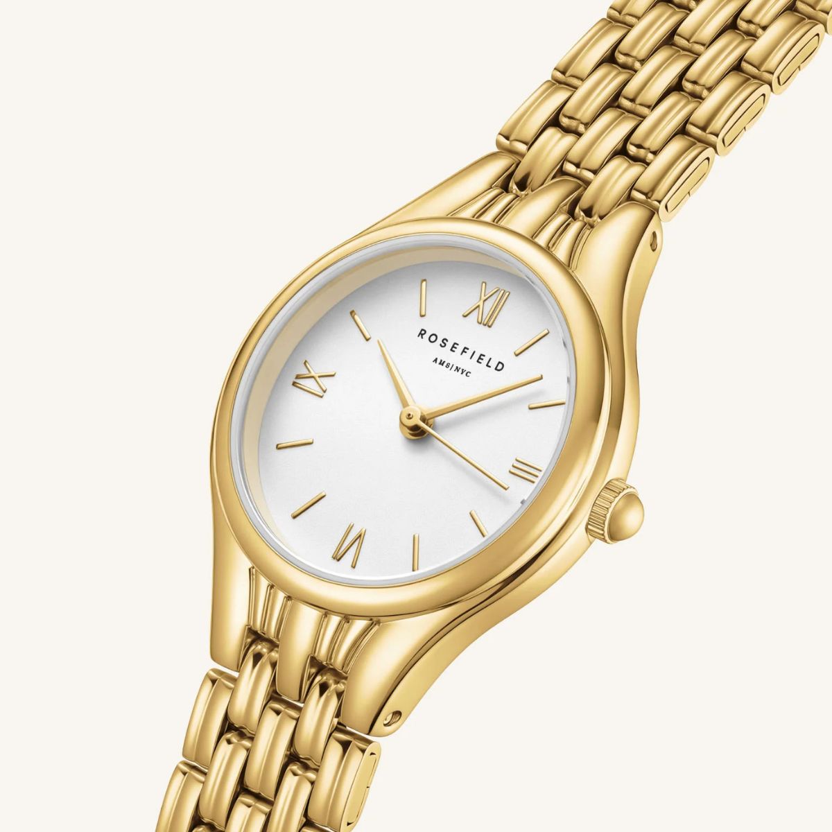 Close-up of the gold Roman numeral dial on the Rosefield Muse Gold MUWGSG-MU01 watch