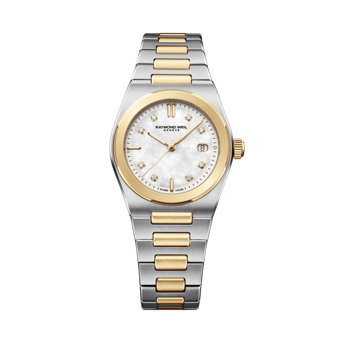 Raymond Weil A.R.T. Date 30mm two-tone watch with mother-of-pearl diamond dial and yellow gold PVD bracelet, 1250-STP-97081