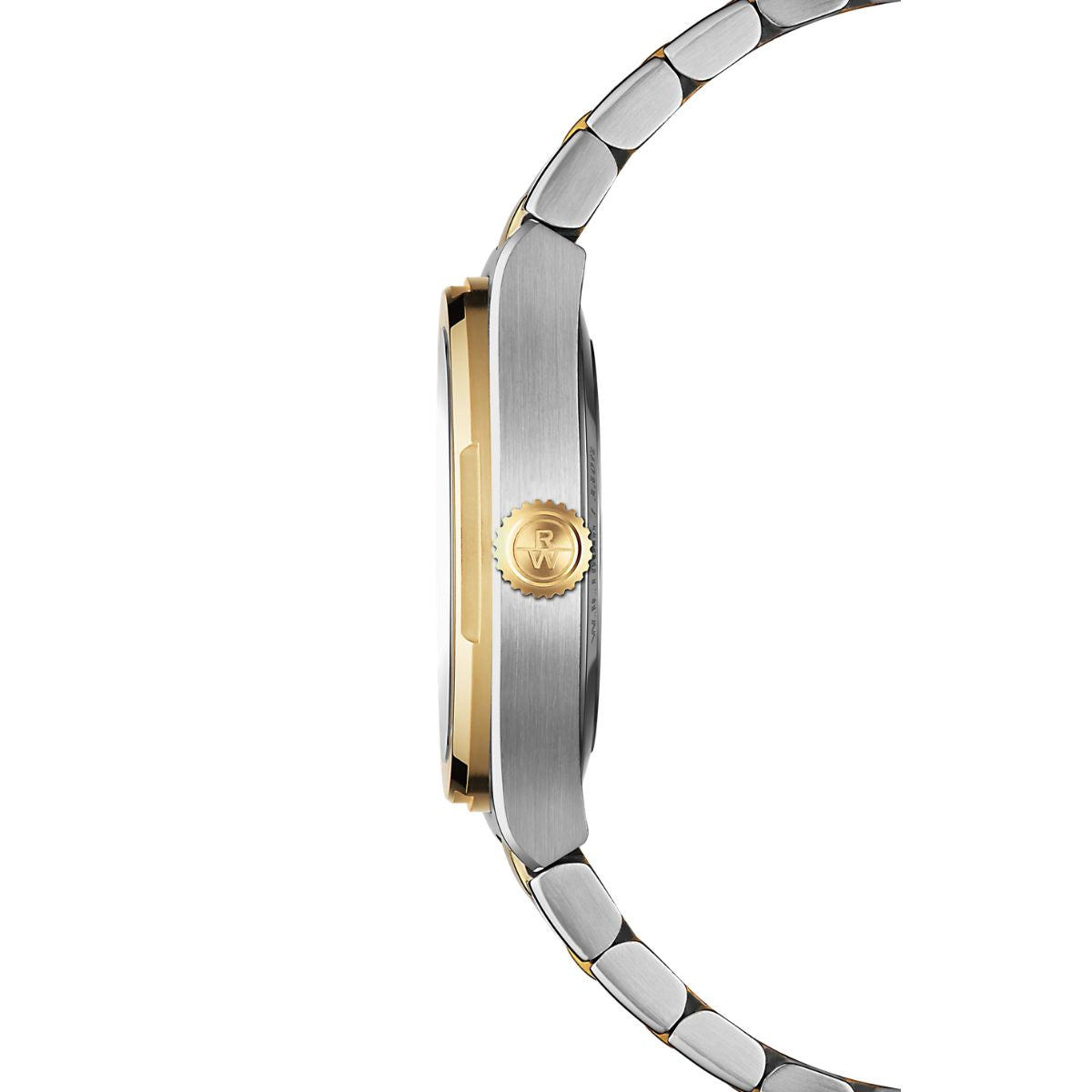 Side view of Raymond Weil A.R.T. Date 30mm two-tone case with signed crown