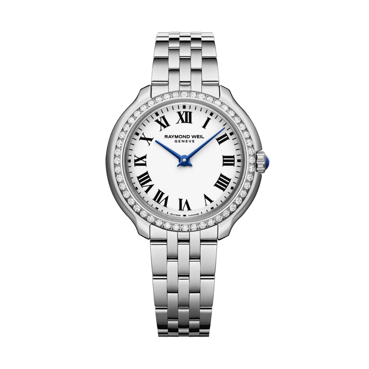 Raymond Weil Toccata Heritage 28mm stainless steel watch with diamond-set case and silver Roman numeral dial, 5250-STS-00650