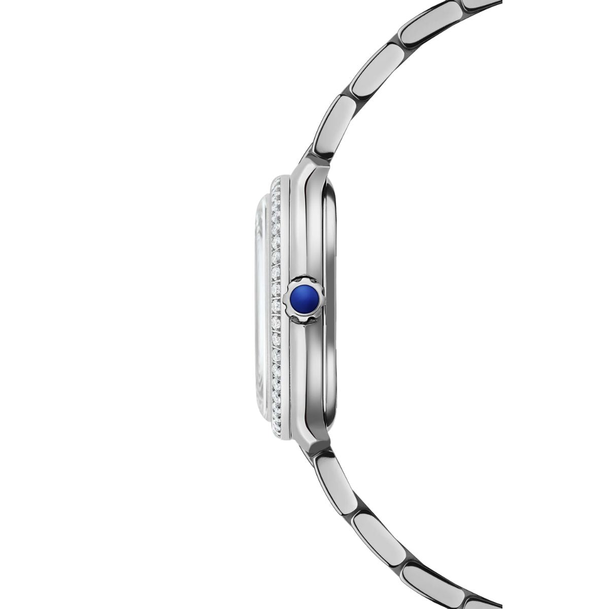 Side view of Raymond Weil Toccata Heritage 28mm diamond-set case and crown