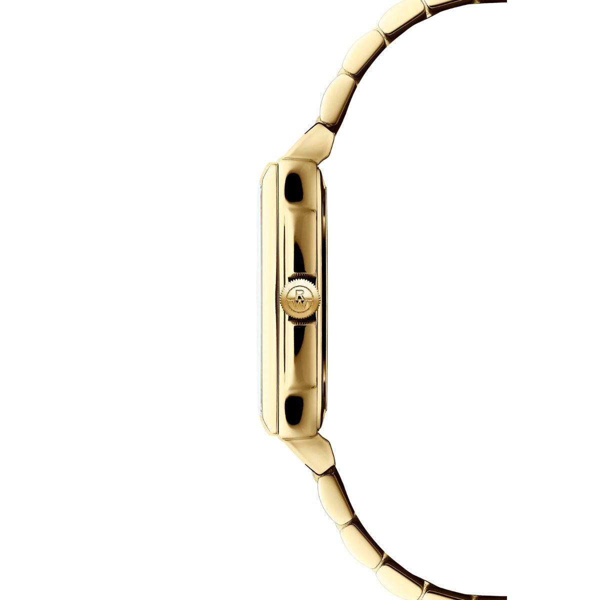 Side view of Raymond Weil Toccata slim gold case with RW logo crown
