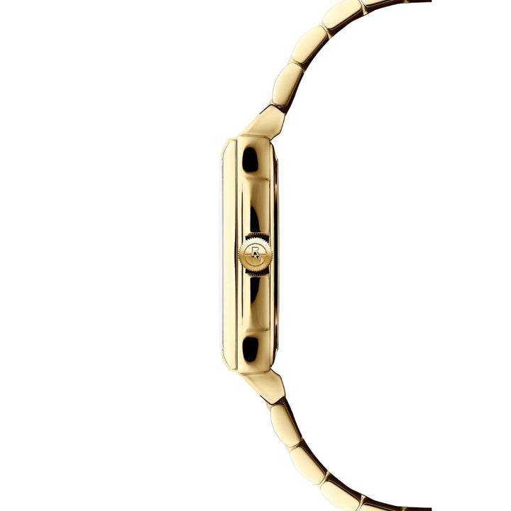 Side view of Raymond Weil Toccata slim gold case with RW logo crown