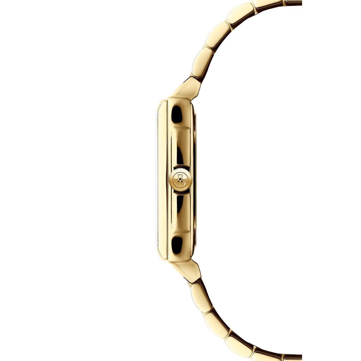 Side view of Raymond Weil Toccata slim gold case with RW logo crown