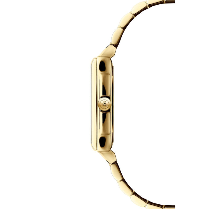 Side view of Raymond Weil Toccata slim gold case with RW logo crown