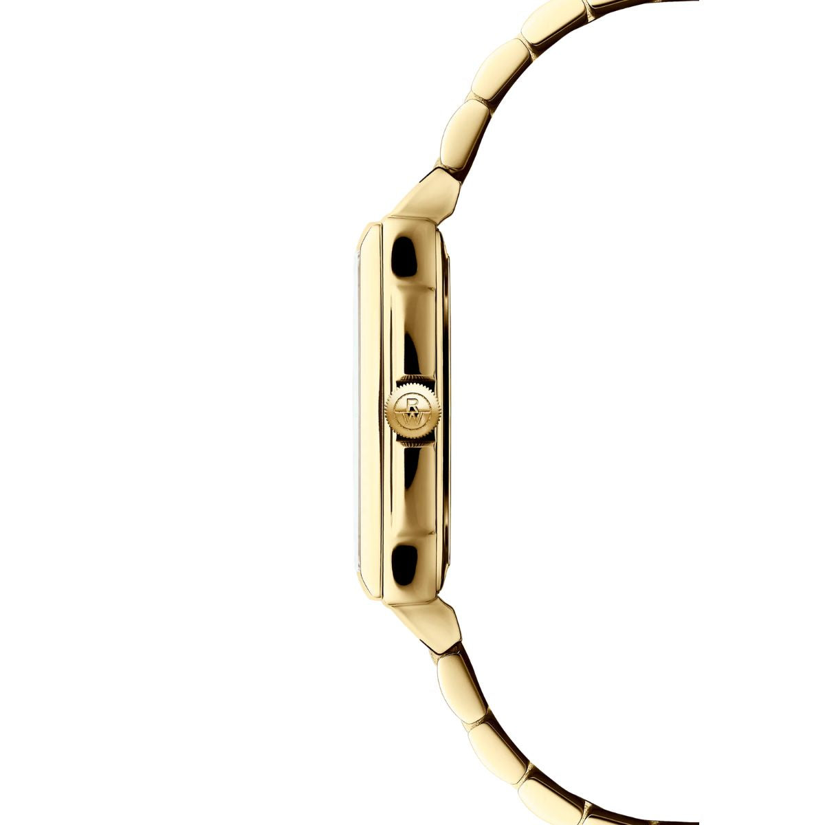 Side view of Raymond Weil Toccata slim gold case with RW logo crown