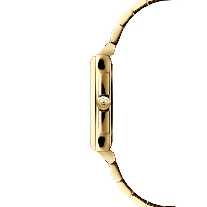 Side view of Raymond Weil Toccata slim gold case with RW logo crown