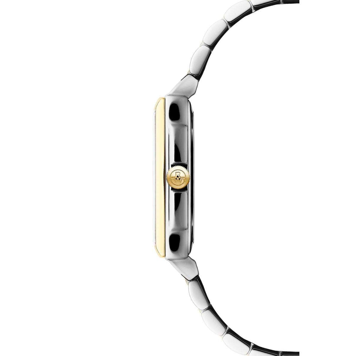 Side view of Raymond Weil Toccata slim two-tone case with RW logo crown