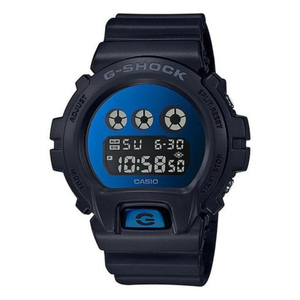 Black g shock watch with a metallic blue digital face