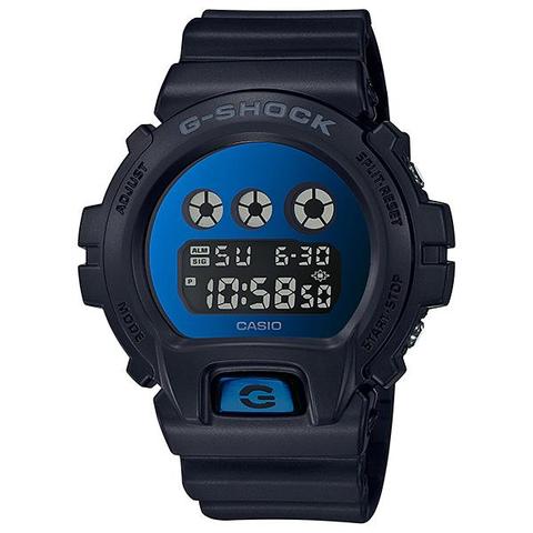 Black g shock watch with a metallic blue digital face