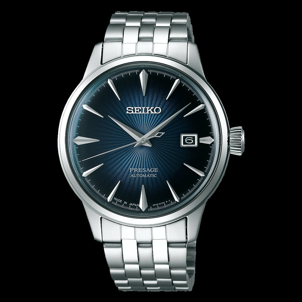 Seiko Presage automatic watch with a blue dial and stainless steel band