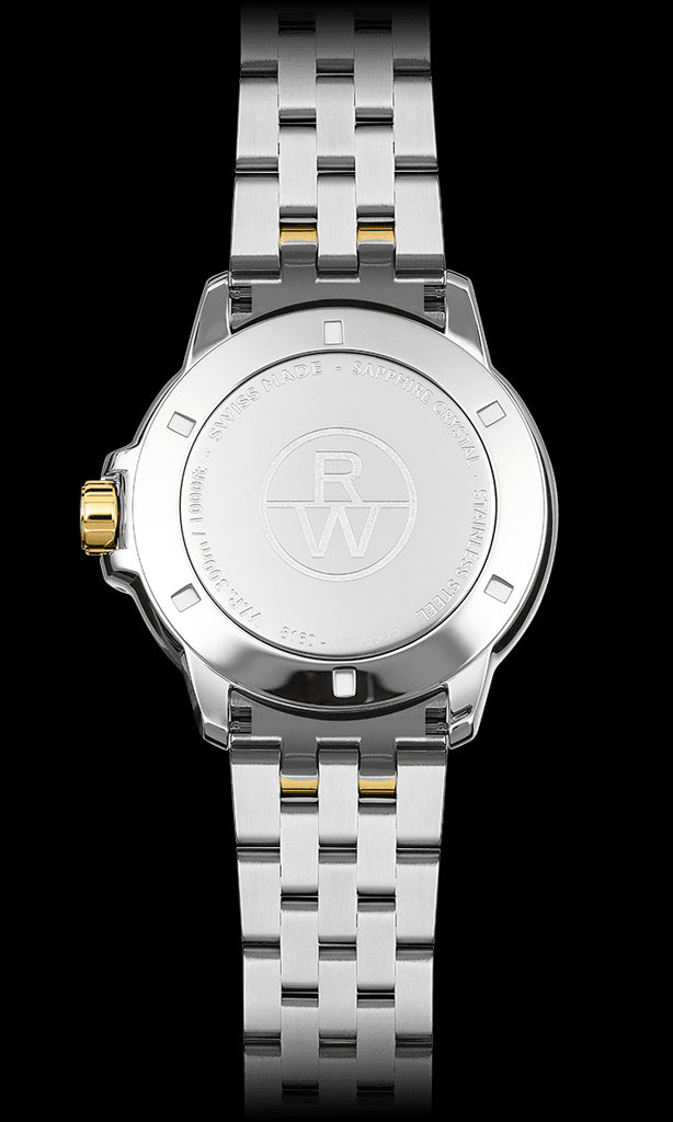 Back view of a mens Raymond Weil Swiss made watch.