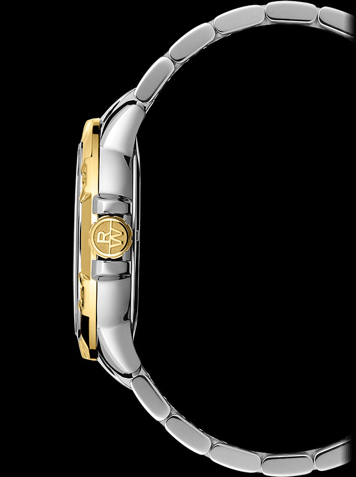 Side view of a mens bi-tone Raymond Weil watch