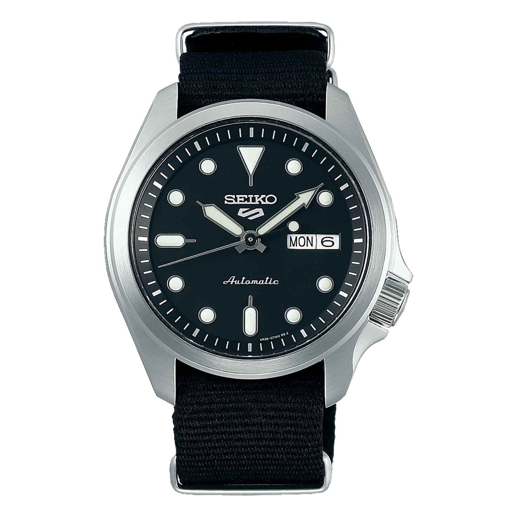 Seiko 5 Sports Watch with black dial and black nylon strap