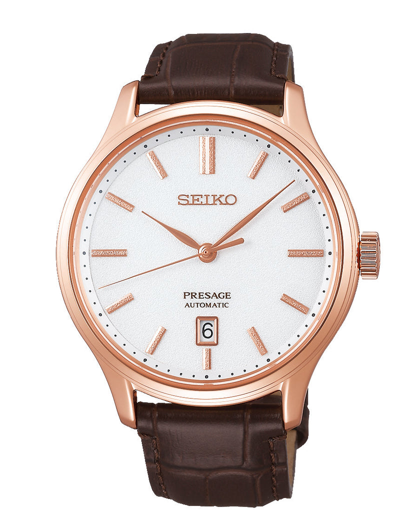 Seiko Presage automatic watch with a rose gold case and brown leather strap