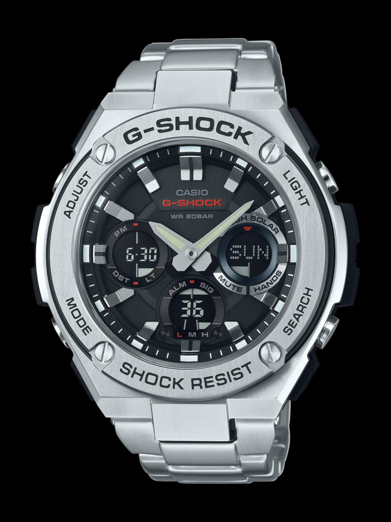 Steel G Shock watch with analogue and digital display
