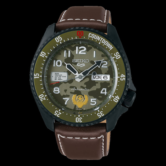 Limited Edition Seiko Watch in collaboration with Street Fighter.  It features a camo dial and brown leather strap with features from the Guile character.