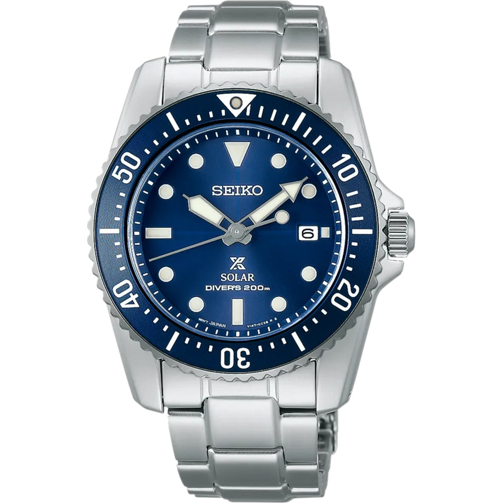 Seiko Prospex solar powered watch with a blue dial and blue bezel