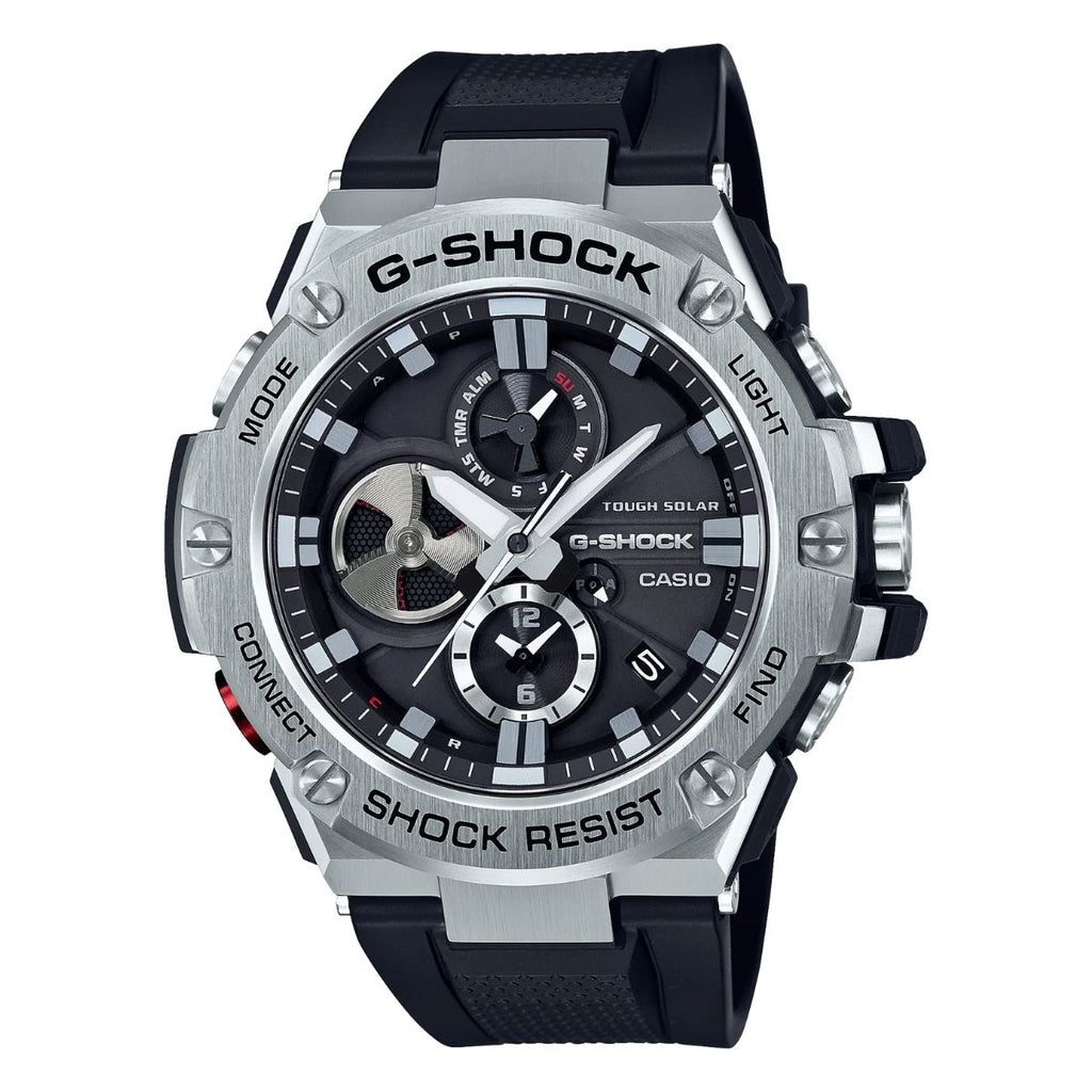 G-Steel G Shock watch with steel case and a black rubber band