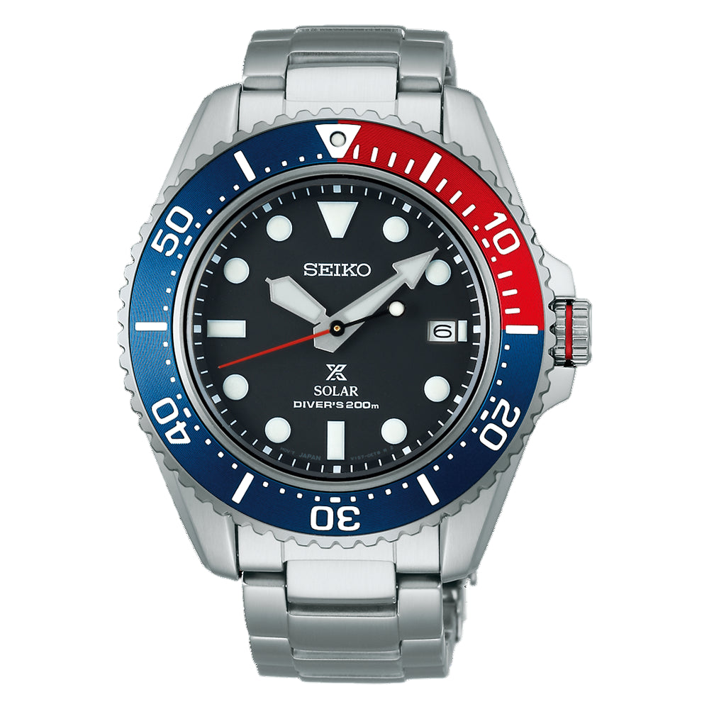 Seiko Prospex solar powered mens watch with a pepsi dial