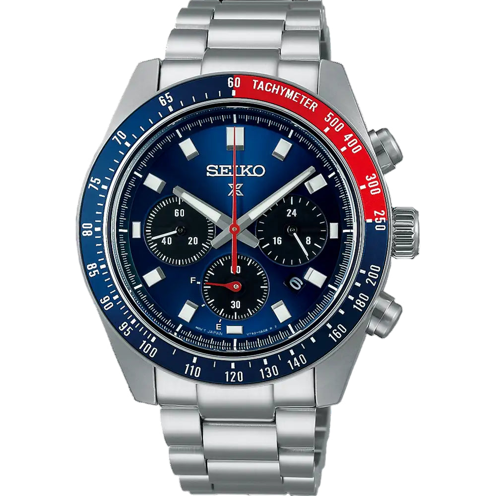 Seiko Prospex chronograph watch with blue and red bezel