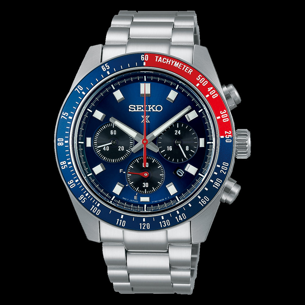 Seiko Prospex chronograph watch with blue and red bezel