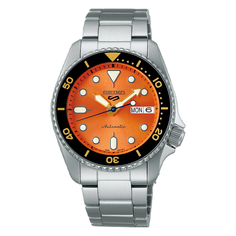 Seiko 5 Sports automatic watch with an orange dial