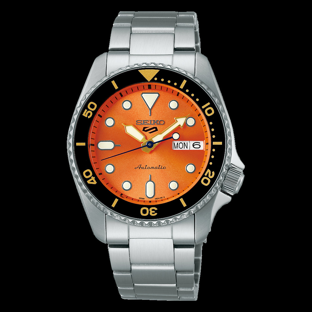 Seiko 5 Sports automatic watch with an orange dial