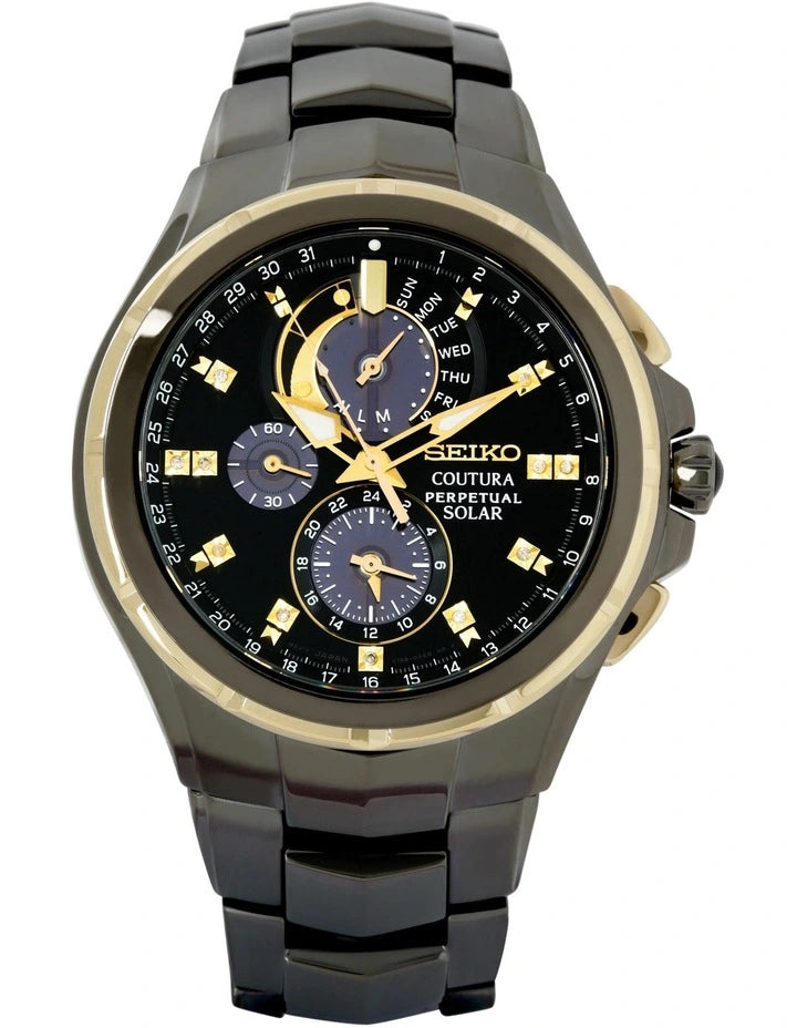 Mens black Seiko Coutura with diamonds on the dial.  The watch is solar powered and has a perpetual calendar
