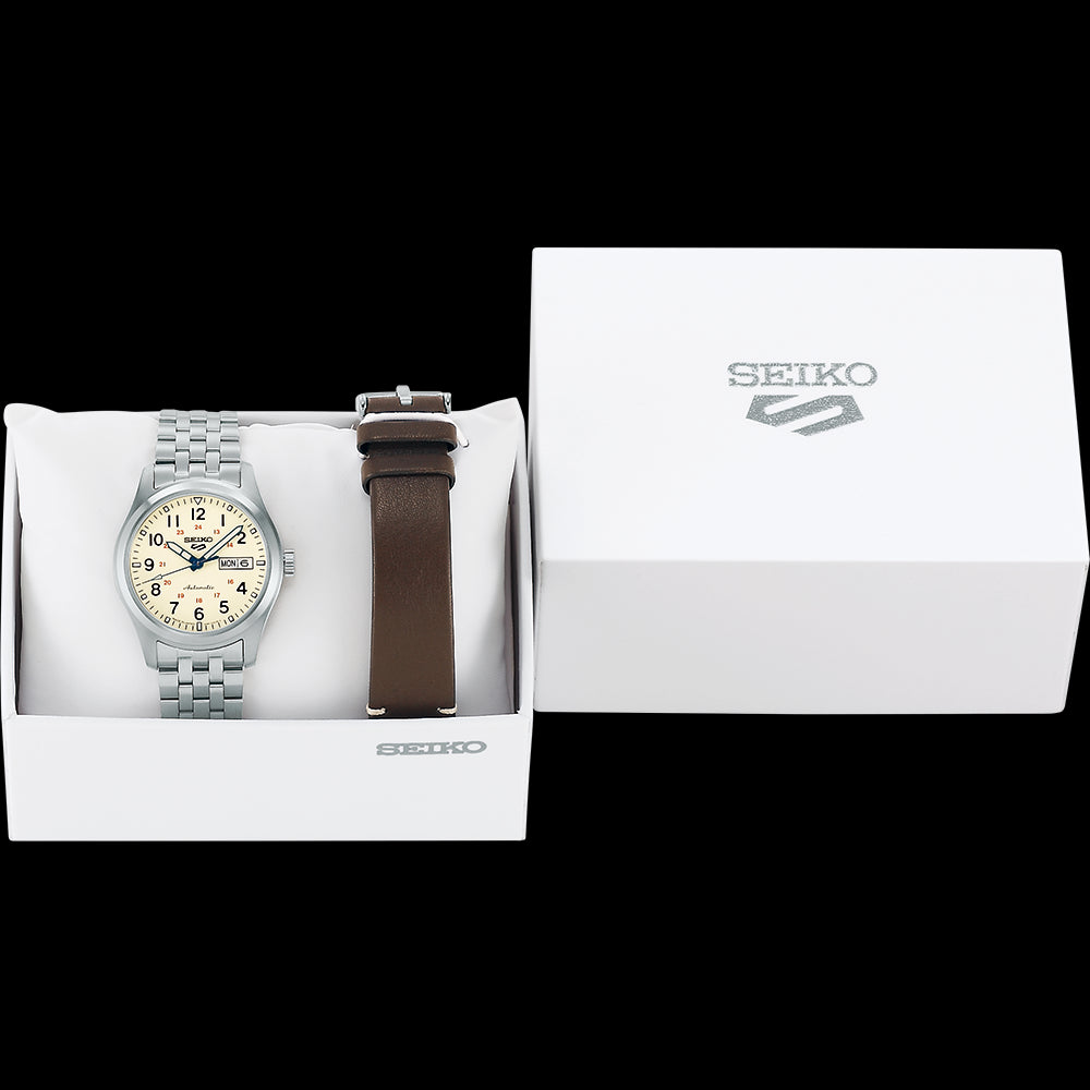 Seiko 5 Sports watch with additional leather strap in gift box