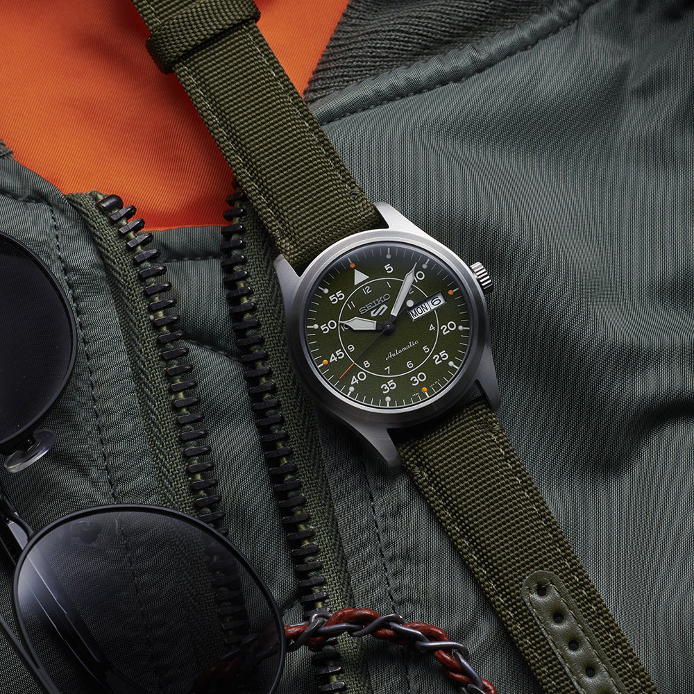Seiko 5 Sports watch with a khaki green dial and strap