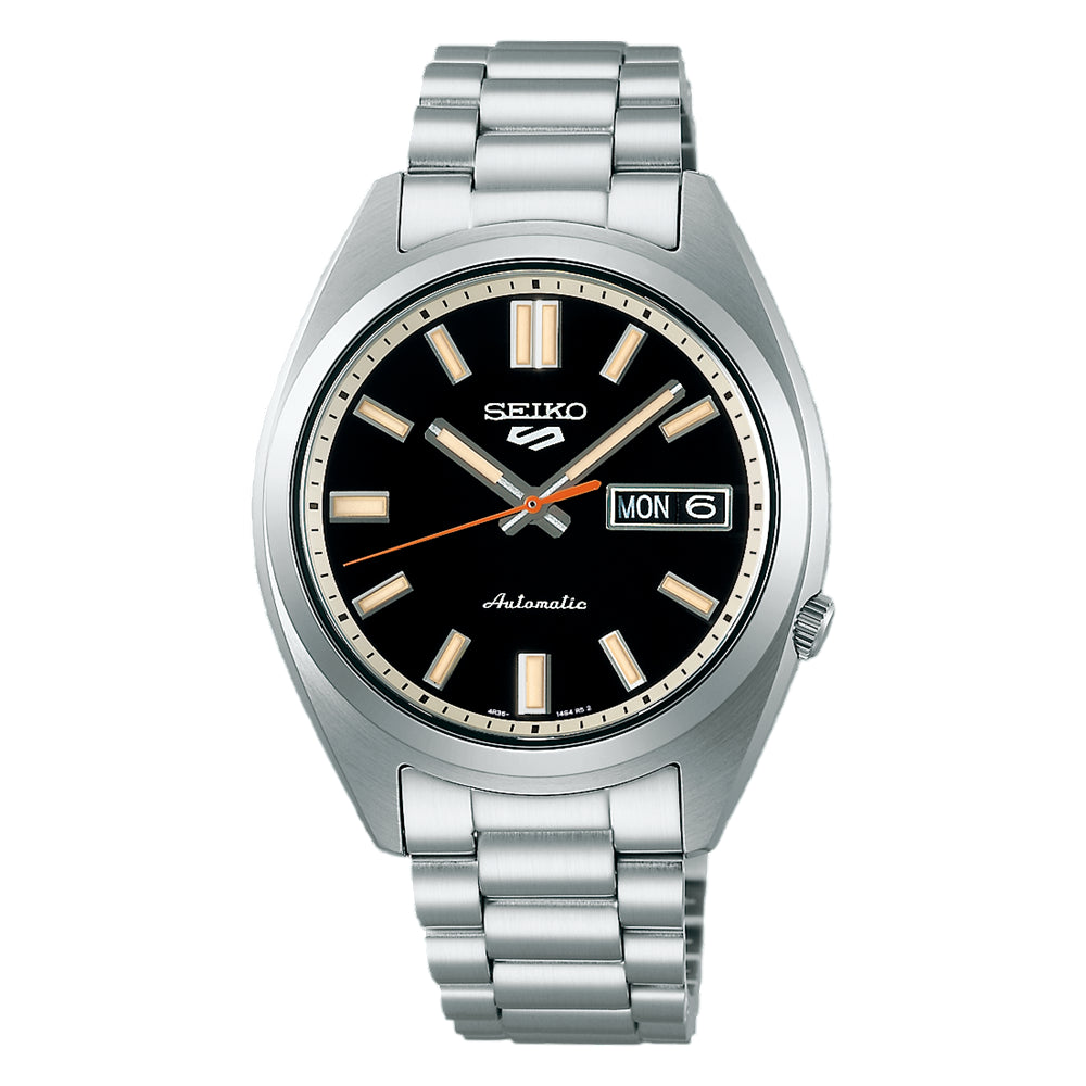 Retro Seiko 5 Sports automatic watch with a black dial.