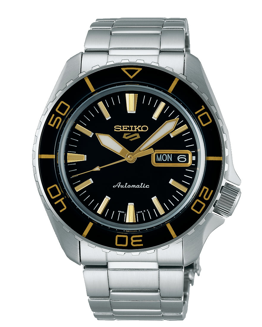 Seiko 5 Sports automatic watch with a black and gold bezel and dial.