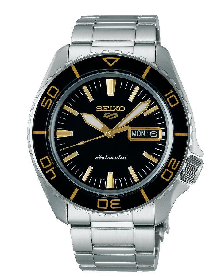 Seiko 5 Sports automatic watch with a black and gold bezel and dial.