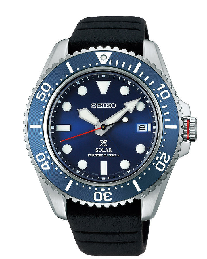 Seiko Prospex solar powered divers watch with a black silicone strap and a blue dial and bezel.