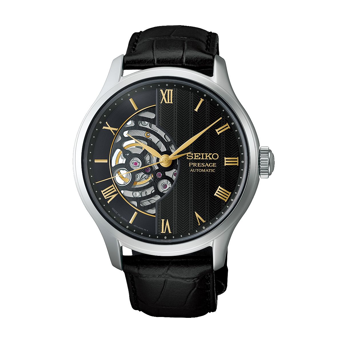 Seiko Presage HCB008J1 semi-skeleton black dial automatic watch on leather strap