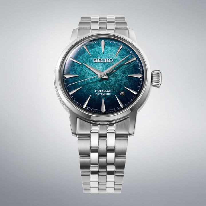 Seiko Presage Cocktail Time HCB001J1 Emerald Mist watch on stainless steel bracelet, alternate view, Wrights Jewellers