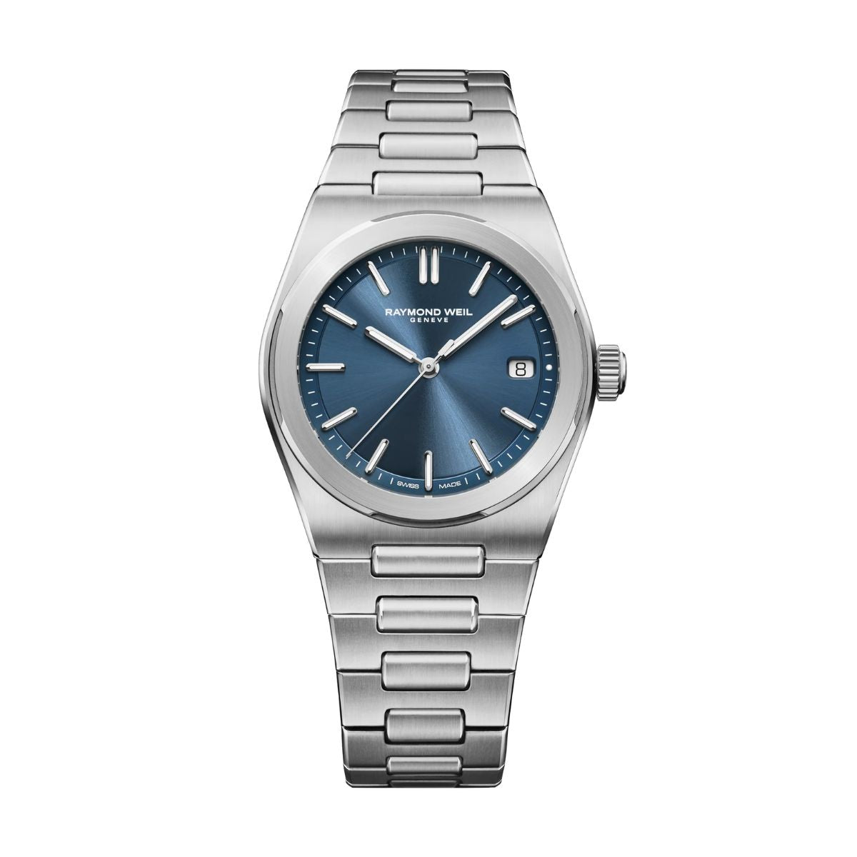 Raymond Weil A.R.T. Date 38mm stainless steel watch with metallic blue sunray dial and integrated bracelet, 1000-ST-50001