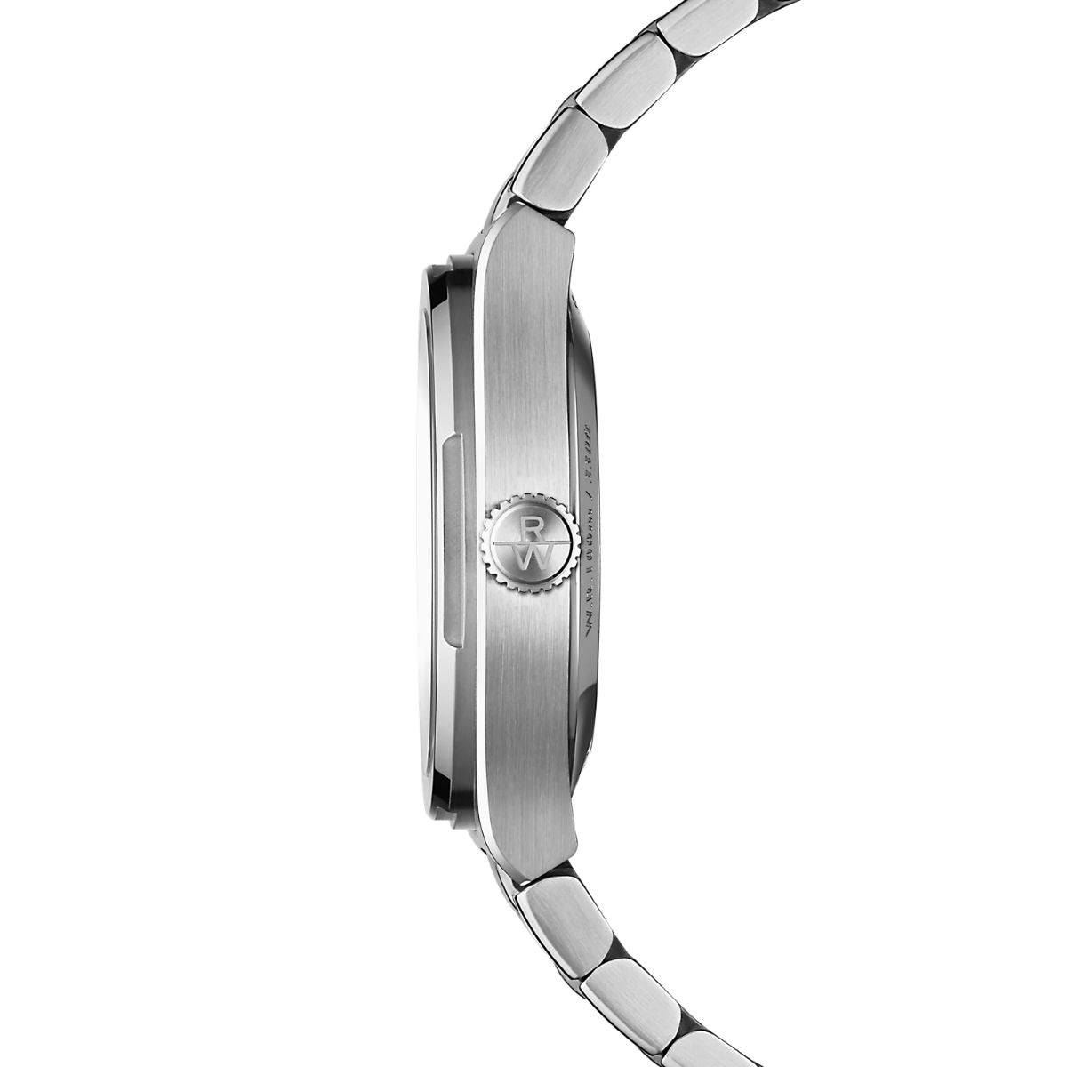 Side view of Raymond Weil A.R.T. Date 38mm showing slim steel case and fluted crown